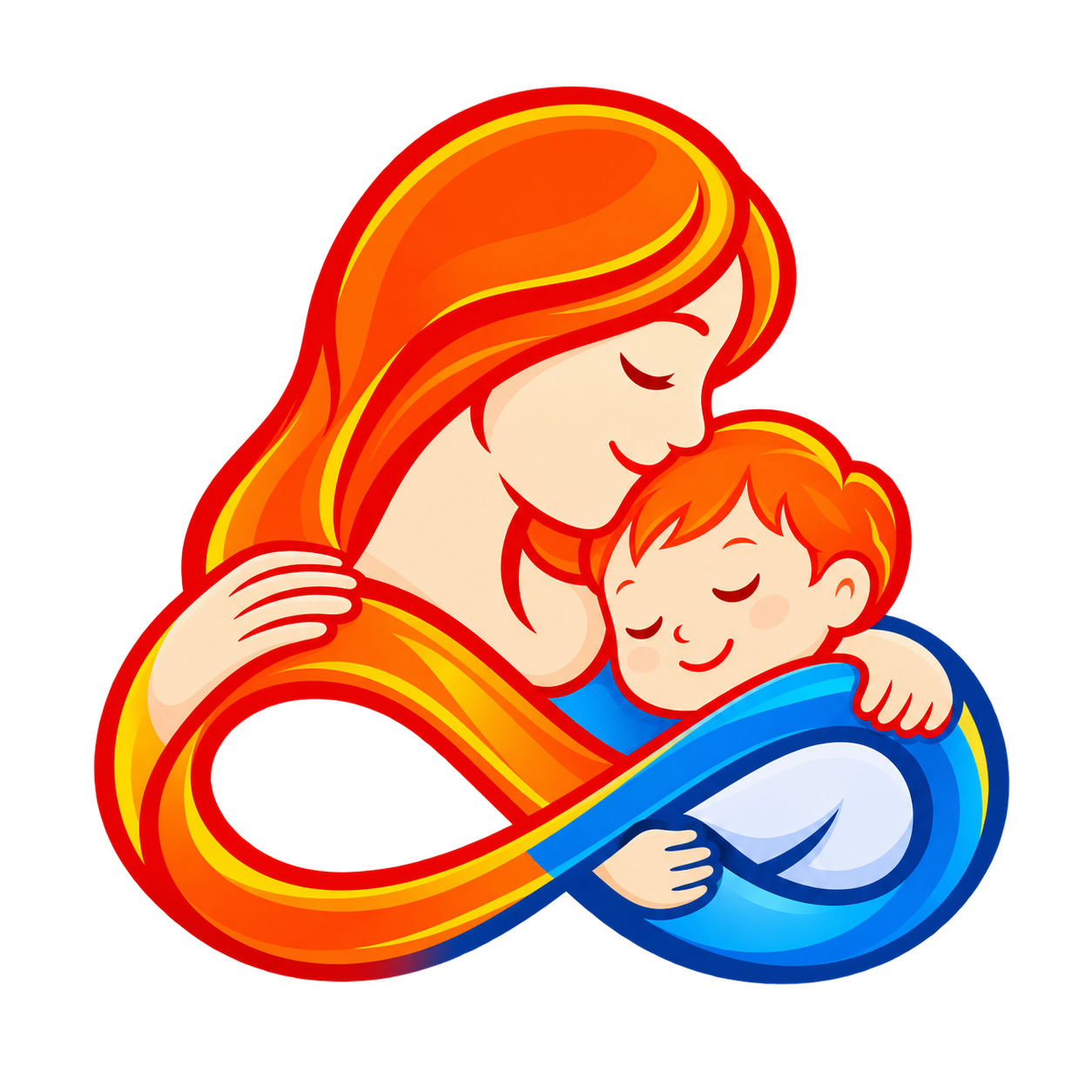 Ilustração de mãe abraçando o filho, em forma do símbolo do infinito